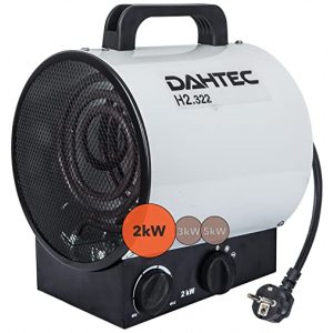 DAHTEC 2000 Watt Elektrischer Keramik Heizlüfter mit Thermostat und 2 Heizstufen, Elektro Heizstrahler für Bad, Werkstatt, Wohnwagen, Camping, Baustelle, Garage, H2.322 Weiß