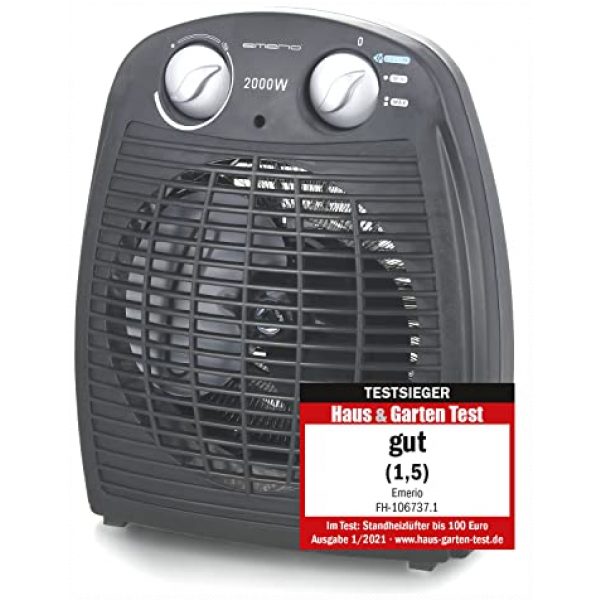 Emerio FH-106737.2, TESTSIEGER Note 1.5, Kleiner kompakter portabler Heizlüfter für 20 m², 2 Heizleistungen + Ventilatorfunktion, Verstellbarer Thermostat, Sicherheitsschalter, Handgriff, 2000 Watt